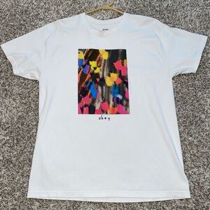 OBEY Street Wear Painted Flowers White Tee T-Shirt Size Large